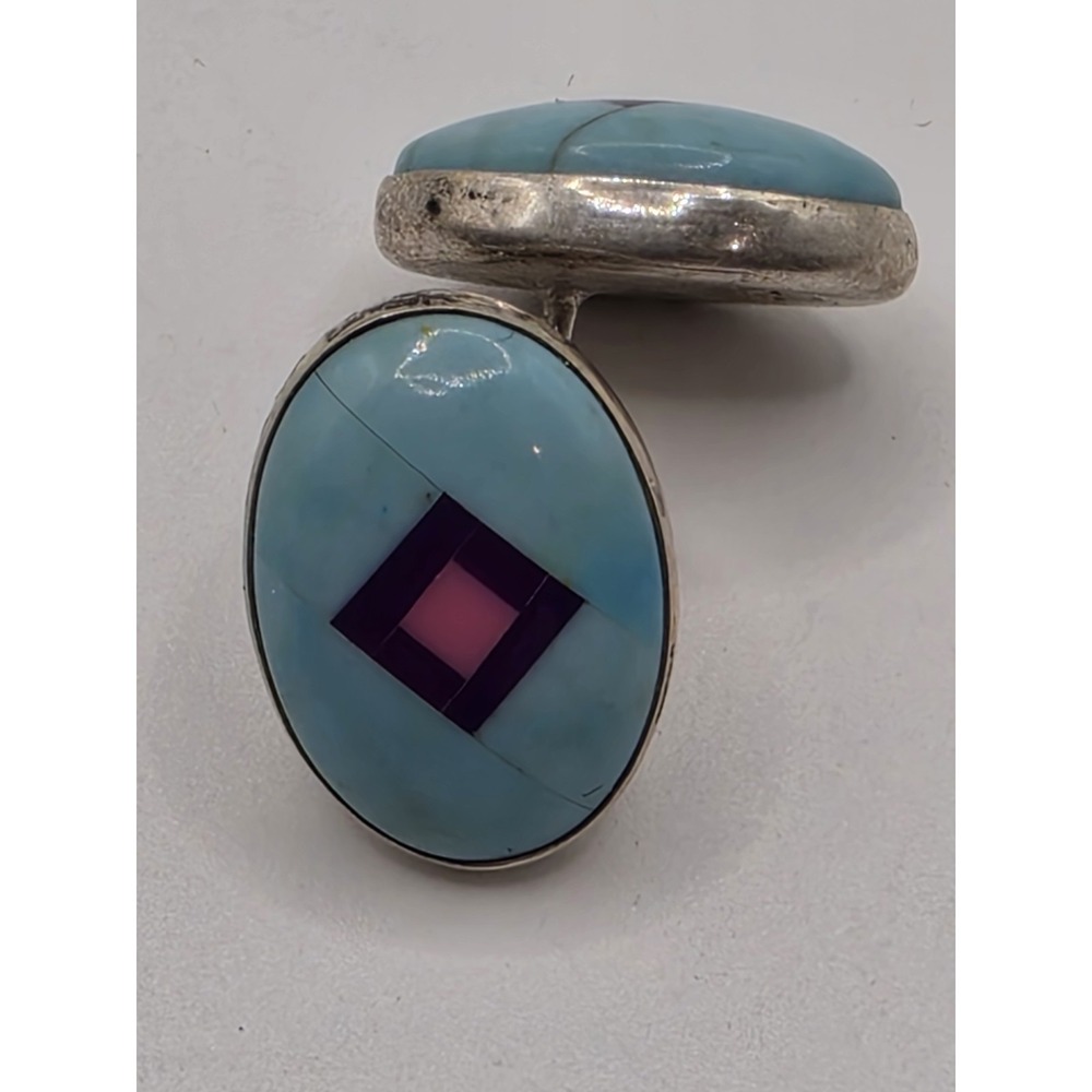 Navajo Designer Willie Saiz Sterling Silver 925 Multi-Stone Inlay Stud Earrings - Picture 3 of 4